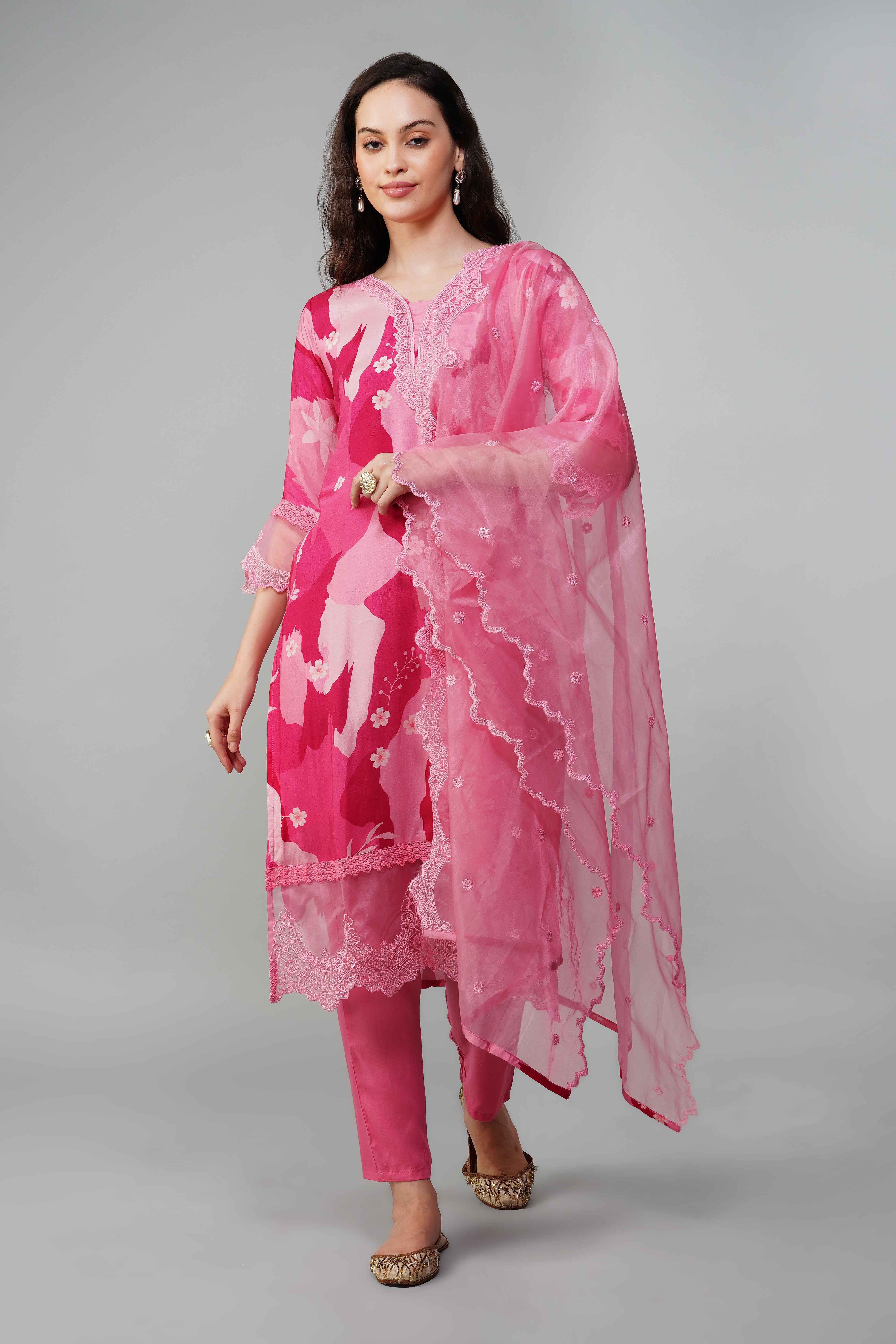 Pink suit with Organza and lace dupatta